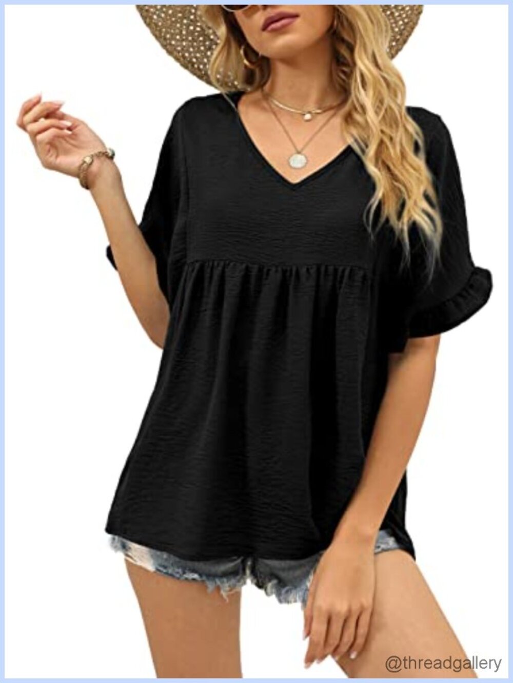 Womens V Neck Ruffle Sleeve Peplum Tunic Babydoll Top Loose Fit